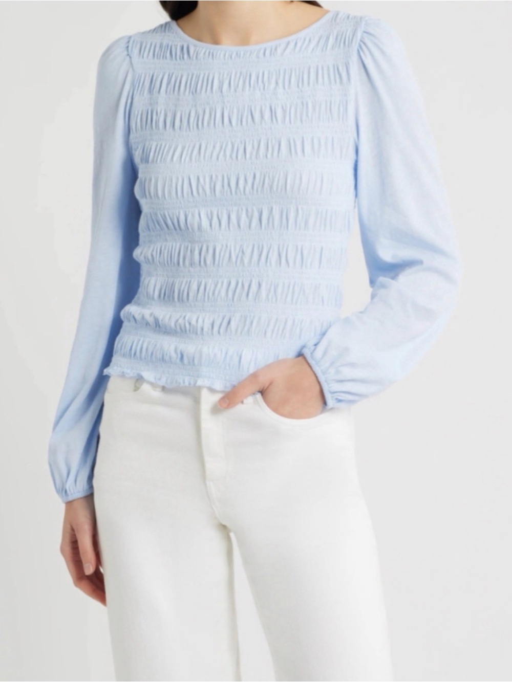 Madewell Light Blue Smocked Long-Sleeve Top